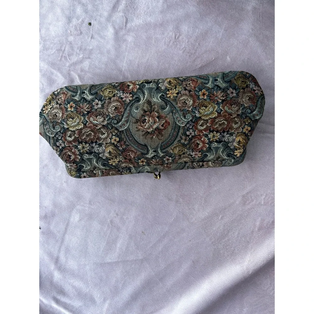 Vintage I Magnin Floral Tapestry Clutch Bag Kiss Lock Evening Handbag Multi